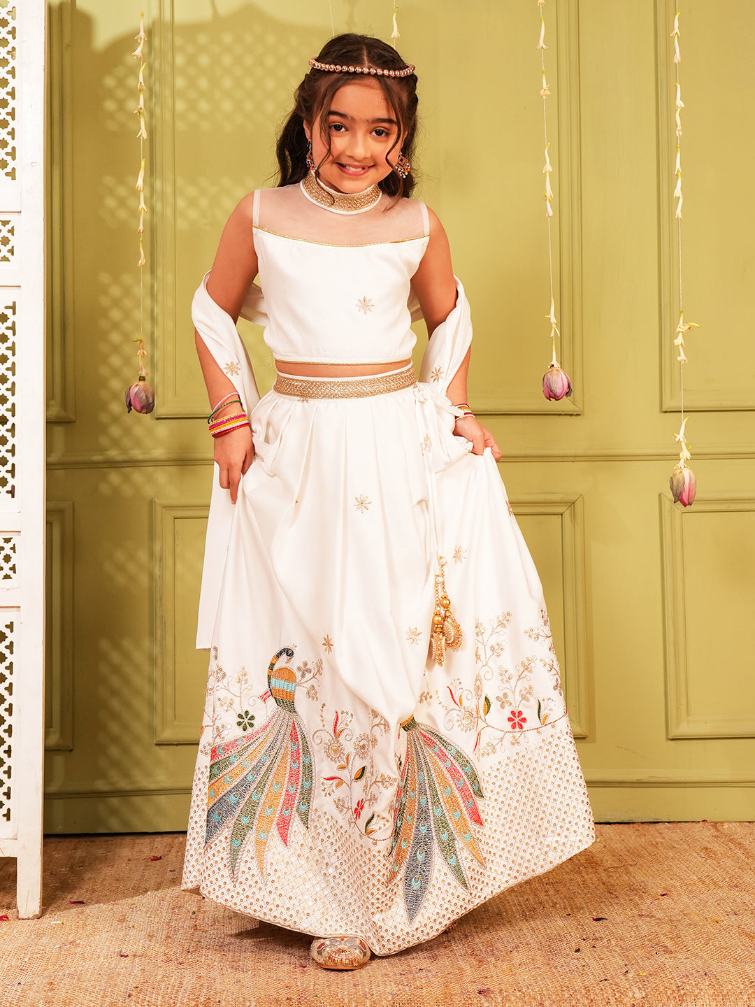 White Heavy Embroidered Cotton Blend lehenga choli and dupatta For Girls