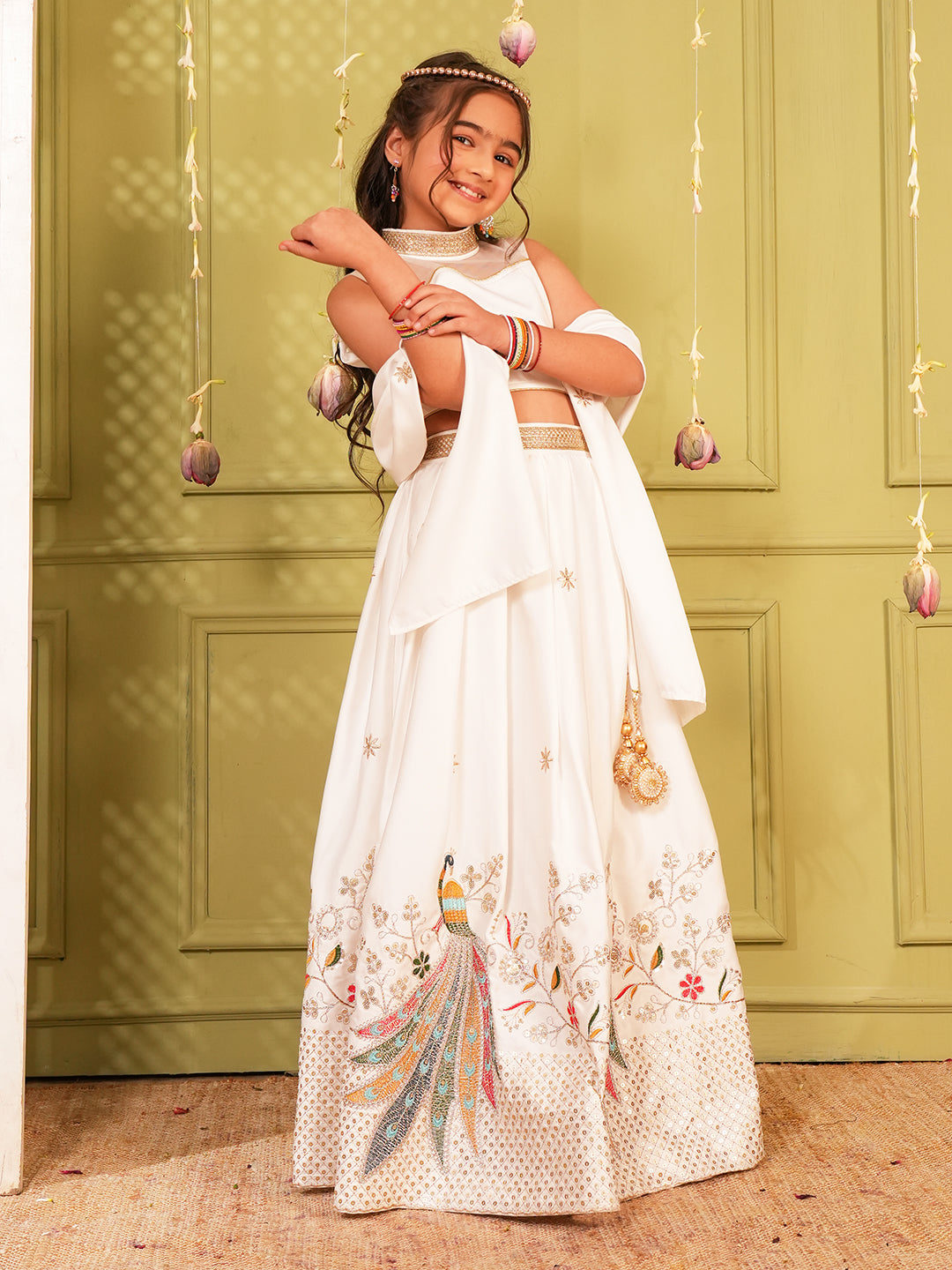 White Heavy Embroidered Cotton Blend lehenga choli and dupatta For Girls