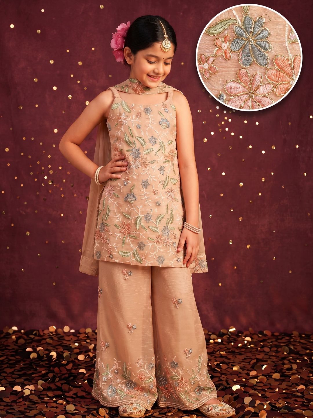 Fawn Heavy Embroidered Tissue Kurti Palazzo and Dupatta For Girls