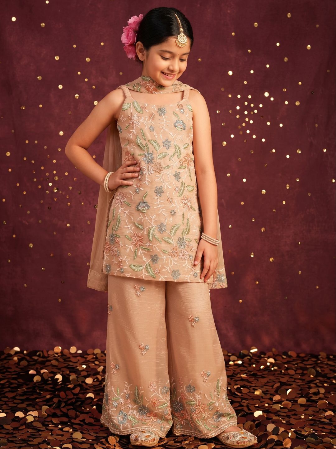 Fawn Heavy Embroidered Tissue Kurti Palazzo and Dupatta For Girls