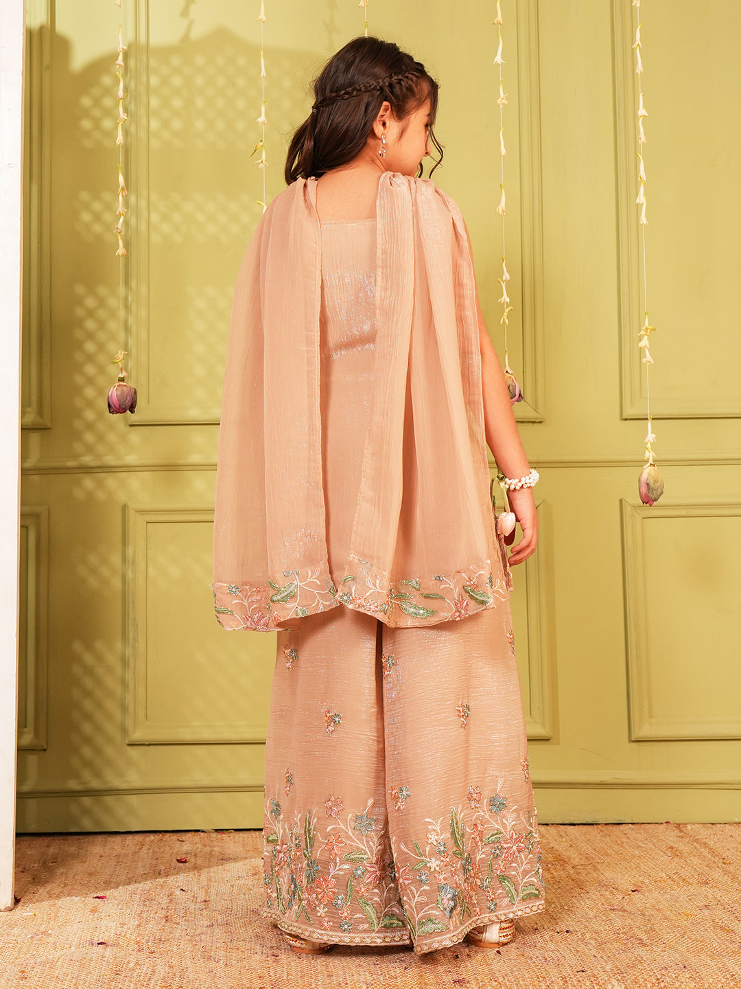 Fawn Heavy Embroidered Tissue Kurti Palazzo and Dupatta For Girls