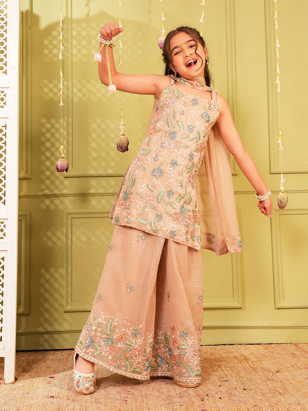 Fawn Heavy Embroidered Tissue Kurti Palazzo and Dupatta For Girls