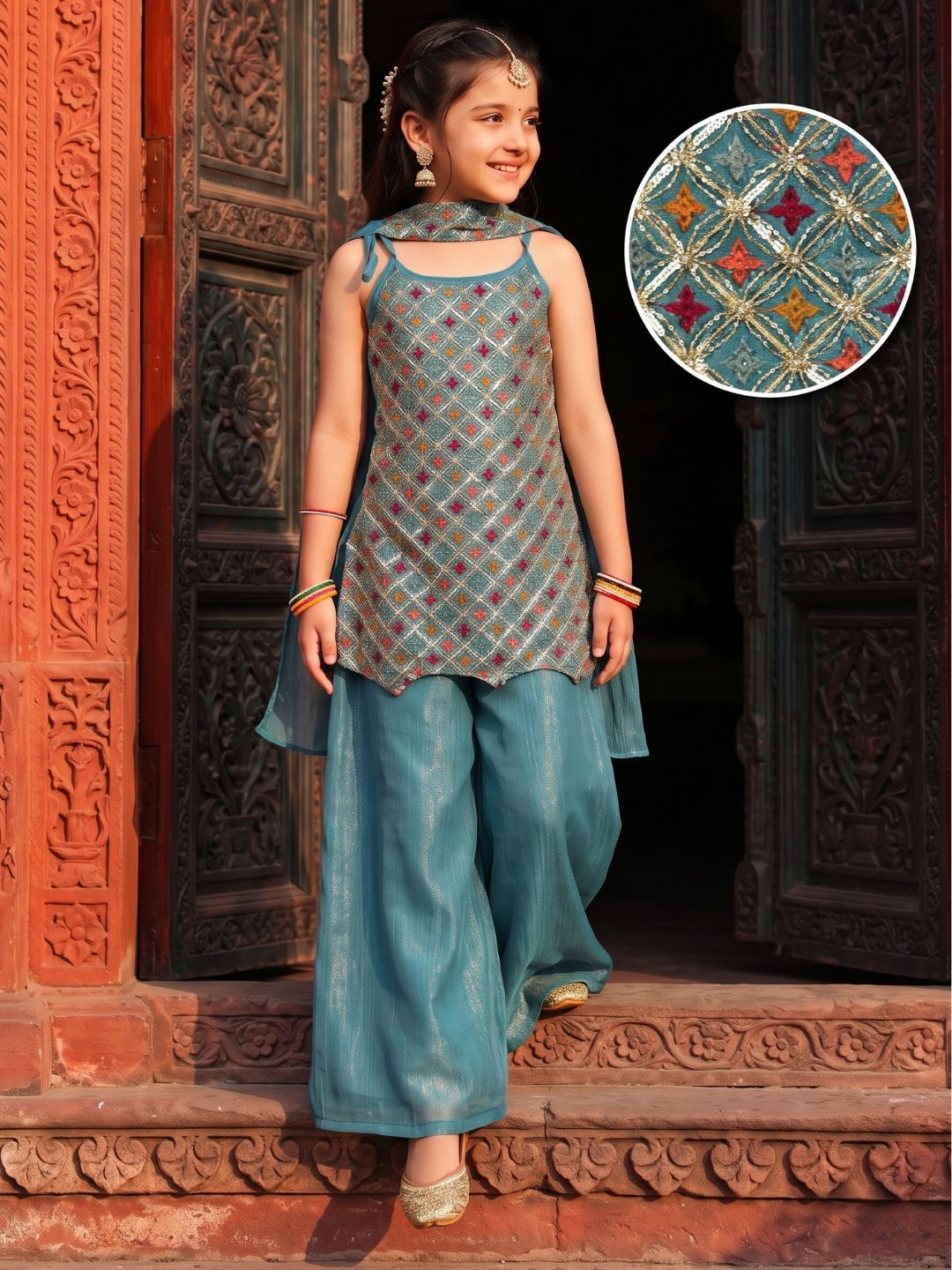 Blue Heavy Embroidered Tissue Kurti Palazzo and Dupatta For Girls