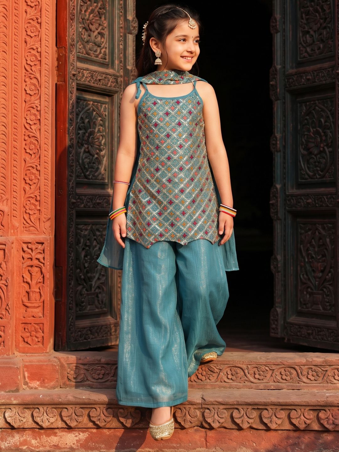 Blue Heavy Embroidered Tissue Kurti Palazzo and Dupatta For Girls