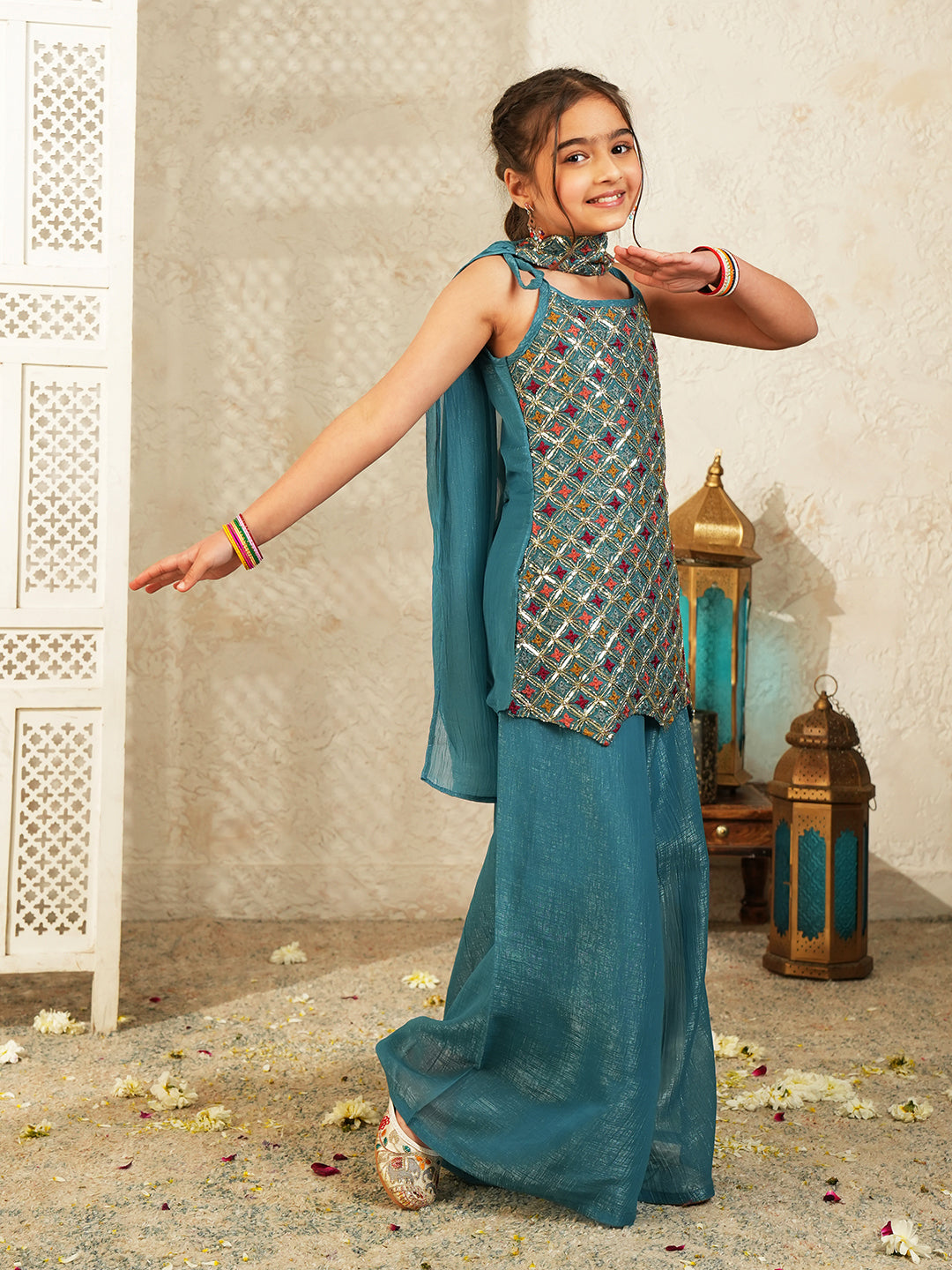 Blue Heavy Embroidered Tissue Kurti Palazzo and Dupatta For Girls