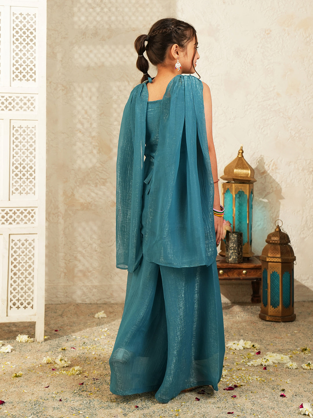 Blue Heavy Embroidered Tissue Kurti Palazzo and Dupatta For Girls
