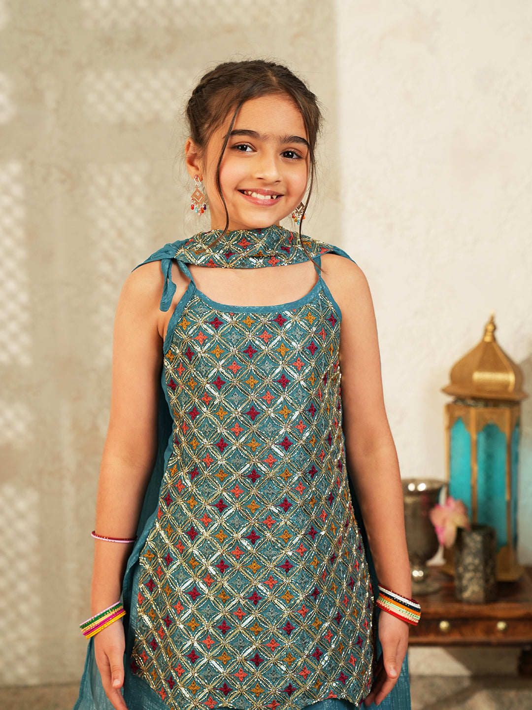 Blue Heavy Embroidered Tissue Kurti Palazzo and Dupatta For Girls