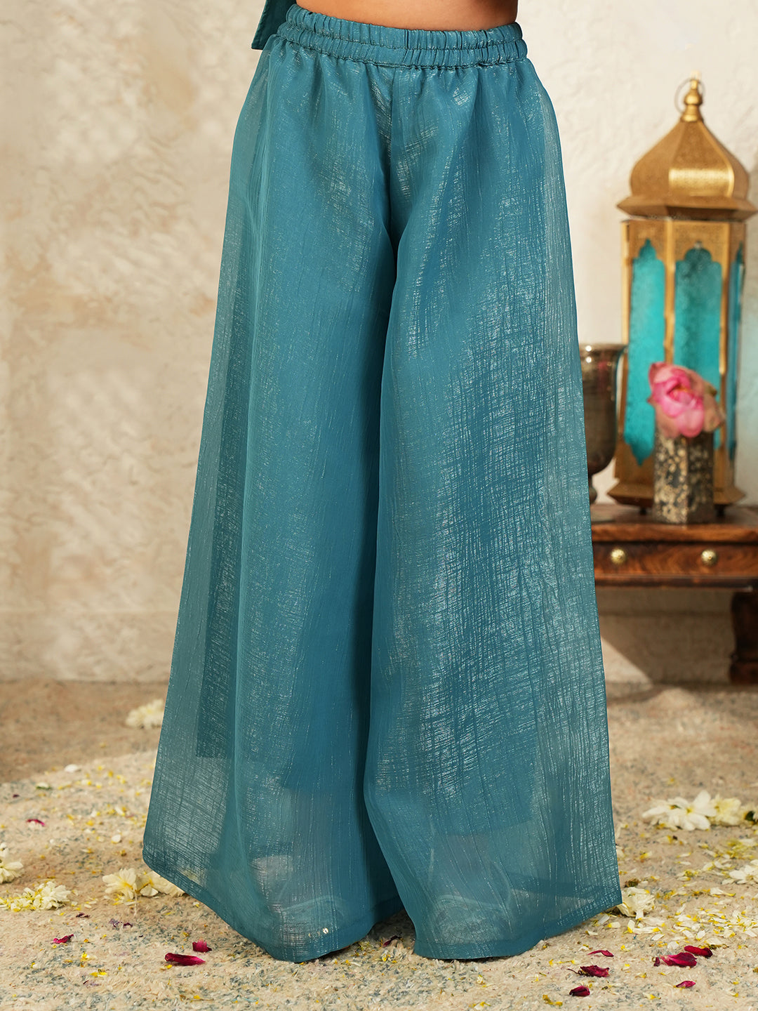 Blue Heavy Embroidered Tissue Kurti Palazzo and Dupatta For Girls