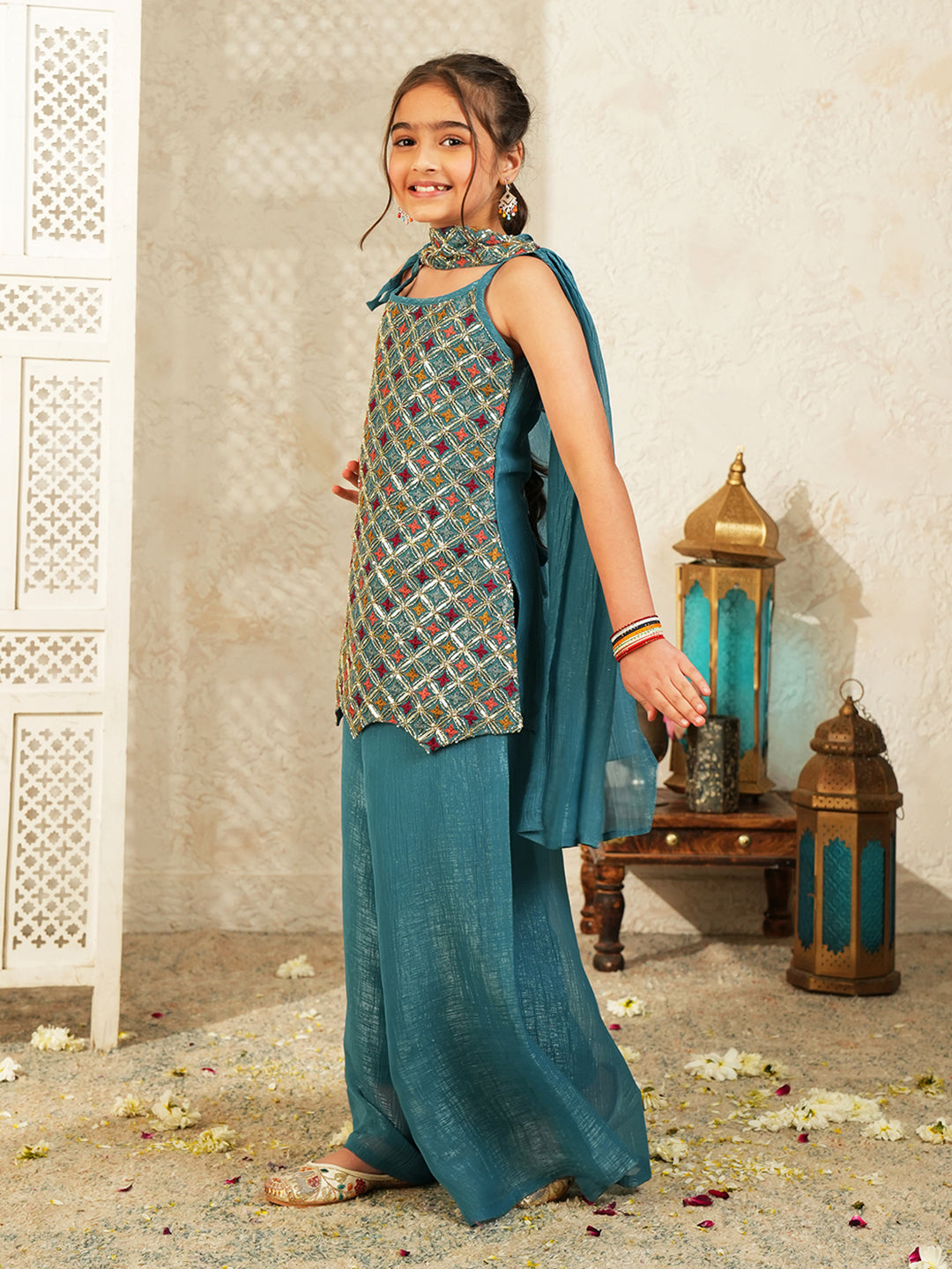 Blue Heavy Embroidered Tissue Kurti Palazzo and Dupatta For Girls