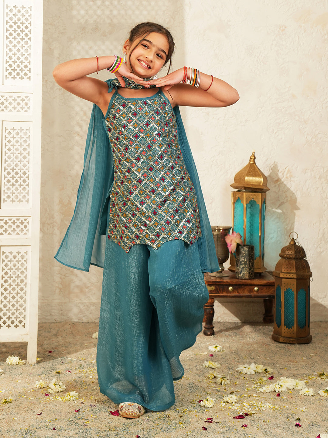 Blue Heavy Embroidered Tissue Kurti Palazzo and Dupatta For Girls