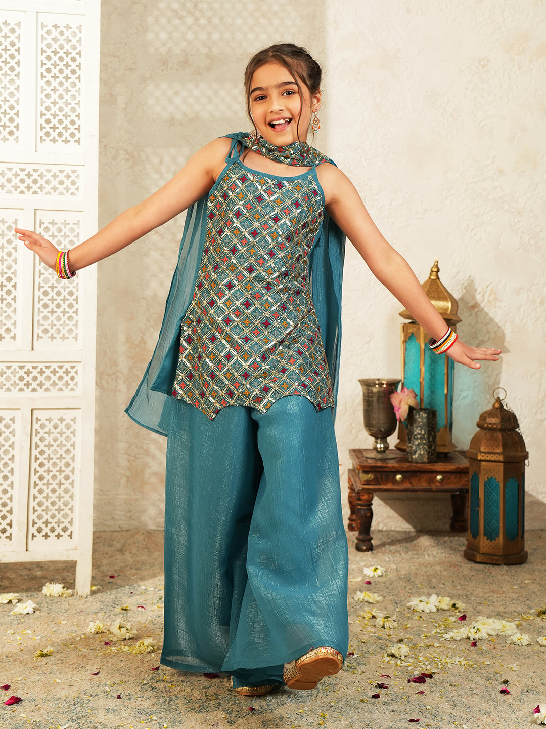 Blue Heavy Embroidered Tissue Kurti Palazzo and Dupatta For Girls