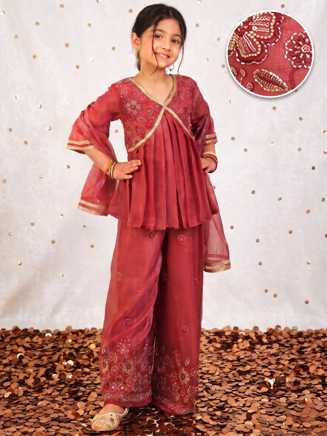 Maroon Heavy Embroidered Tissue Kurti Palazzo and Dupatta For Girls