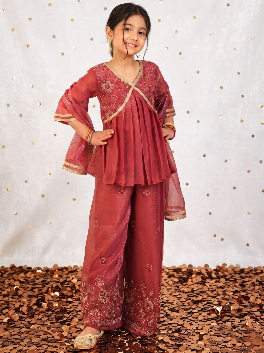 Maroon Heavy Embroidered Tissue Kurti Palazzo and Dupatta For Girls