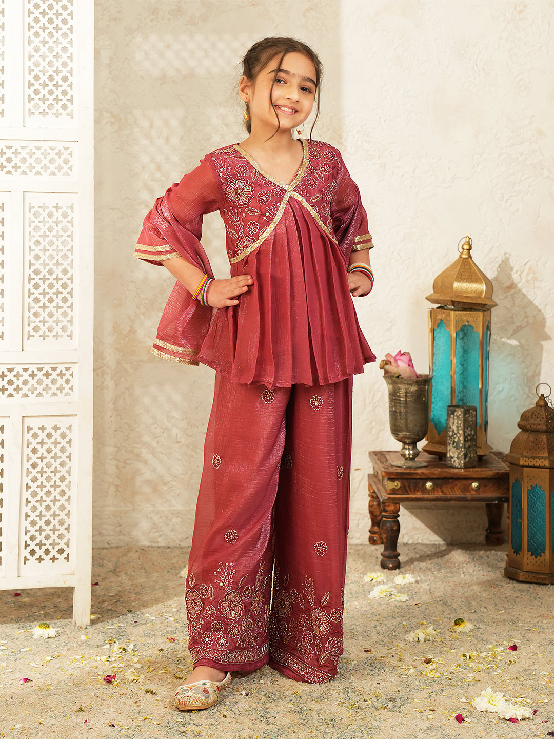 Maroon Heavy Embroidered Tissue Kurti Palazzo and Dupatta For Girls