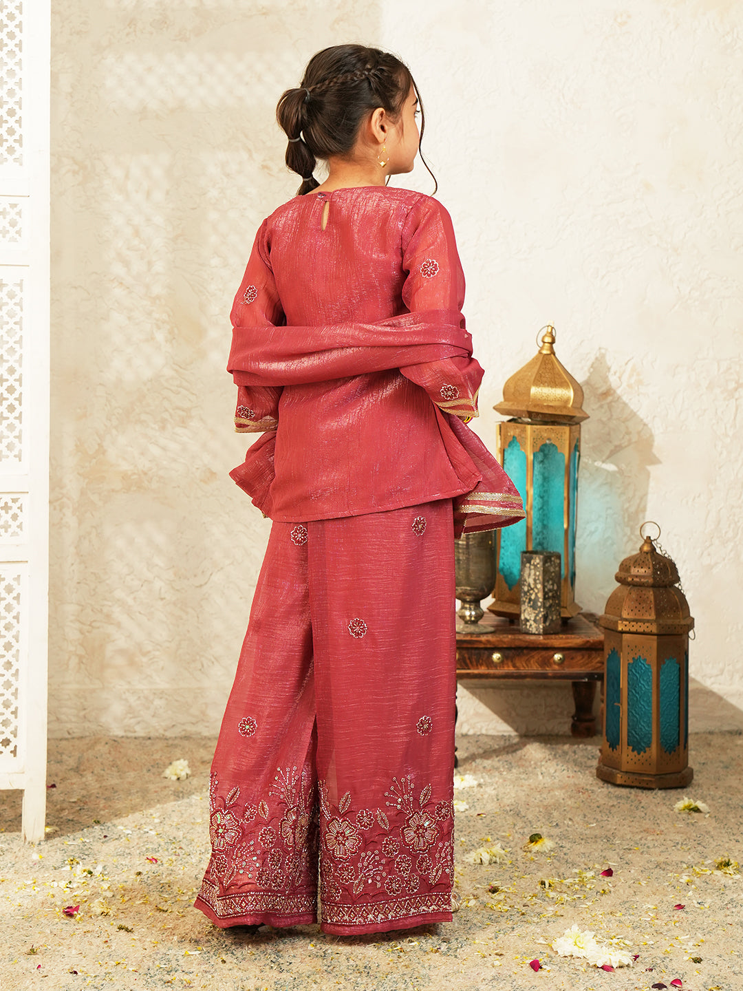 Maroon Heavy Embroidered Tissue Kurti Palazzo and Dupatta For Girls