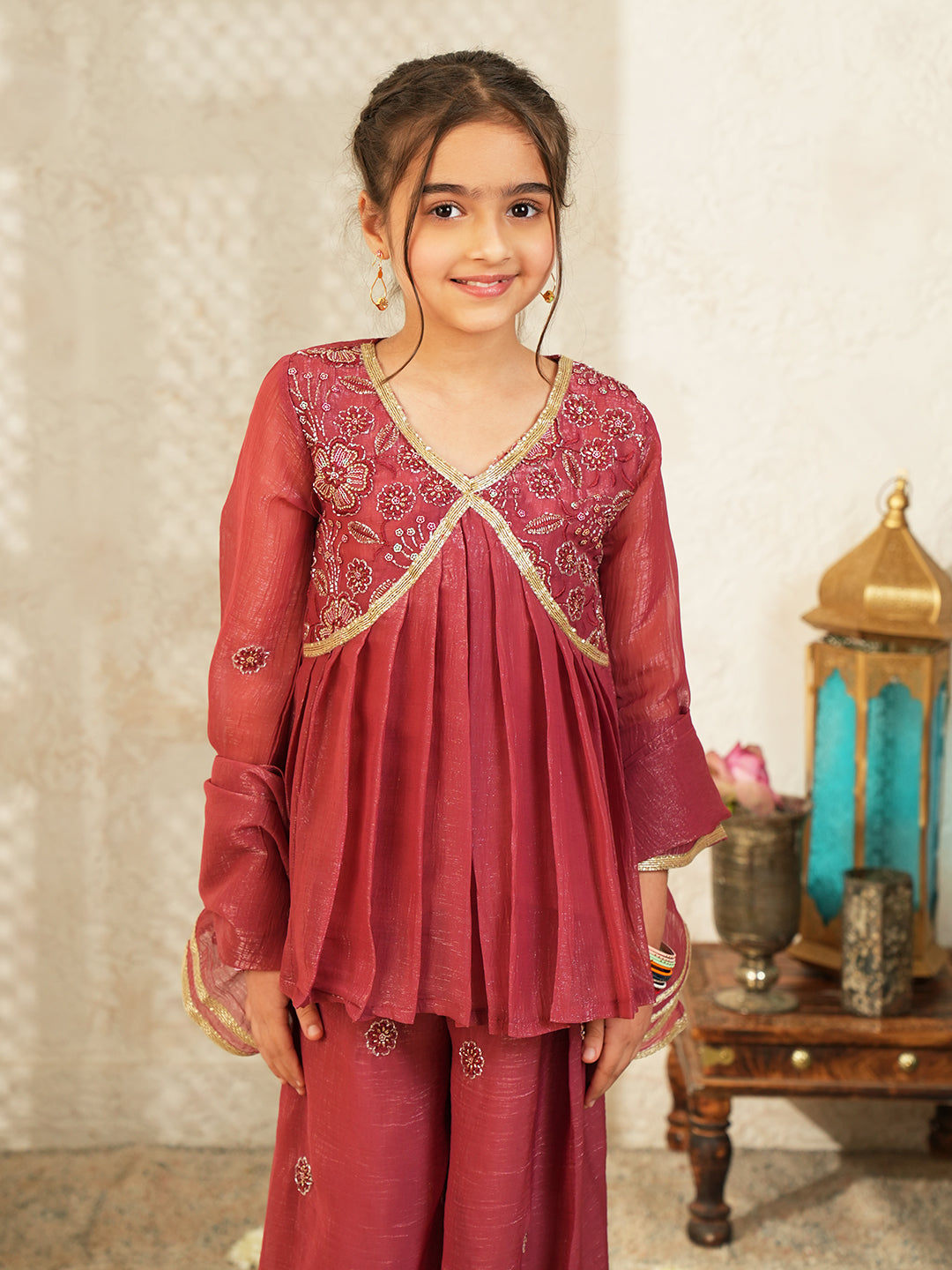 Maroon Heavy Embroidered Tissue Kurti Palazzo and Dupatta For Girls