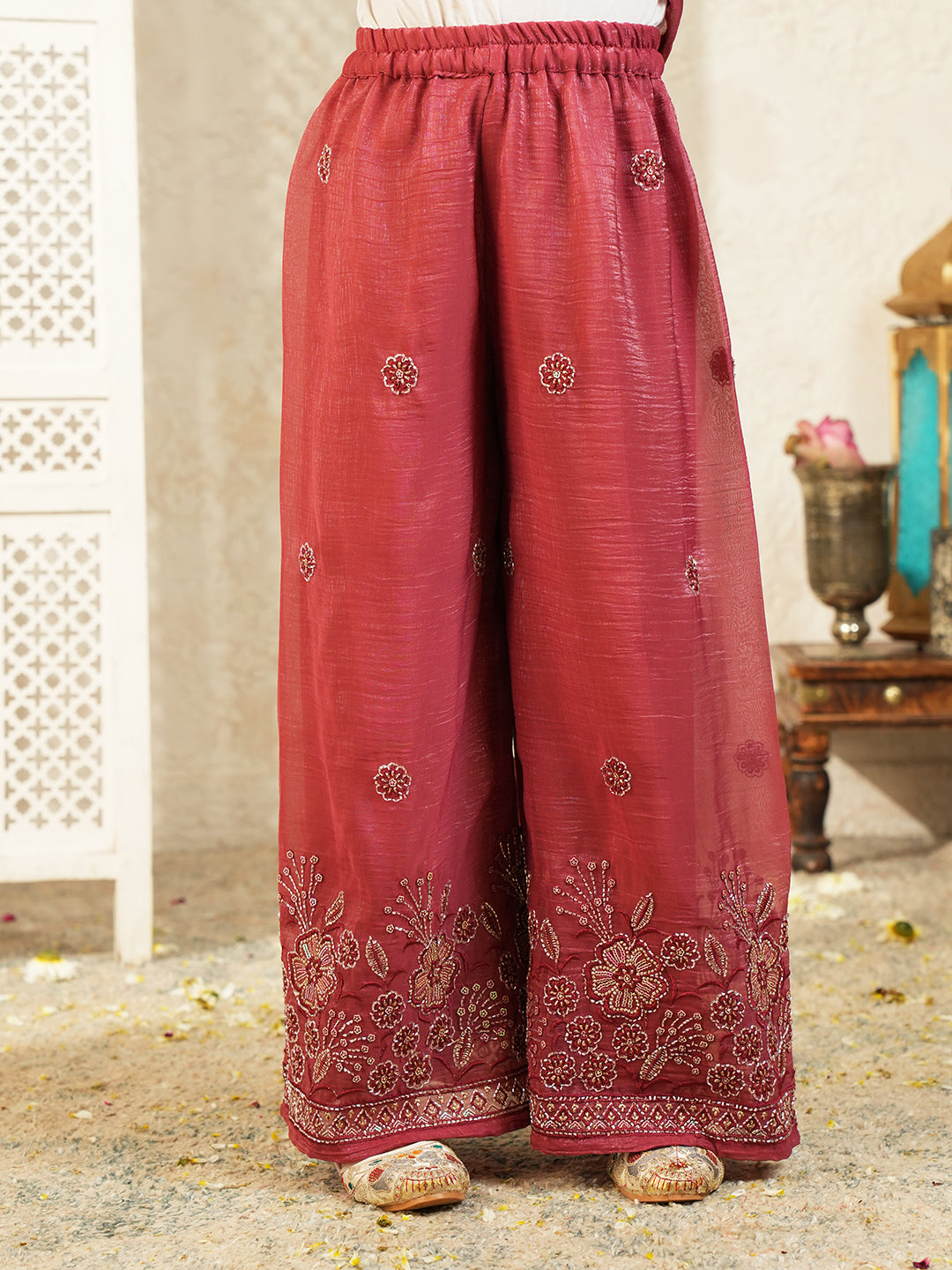 Maroon Heavy Embroidered Tissue Kurti Palazzo and Dupatta For Girls
