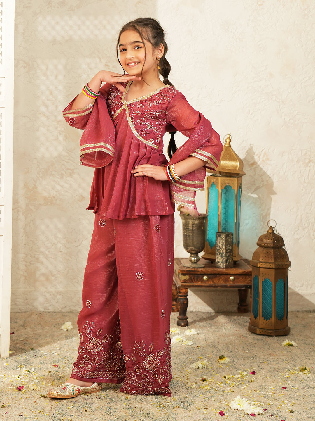 Maroon Heavy Embroidered Tissue Kurti Palazzo and Dupatta For Girls