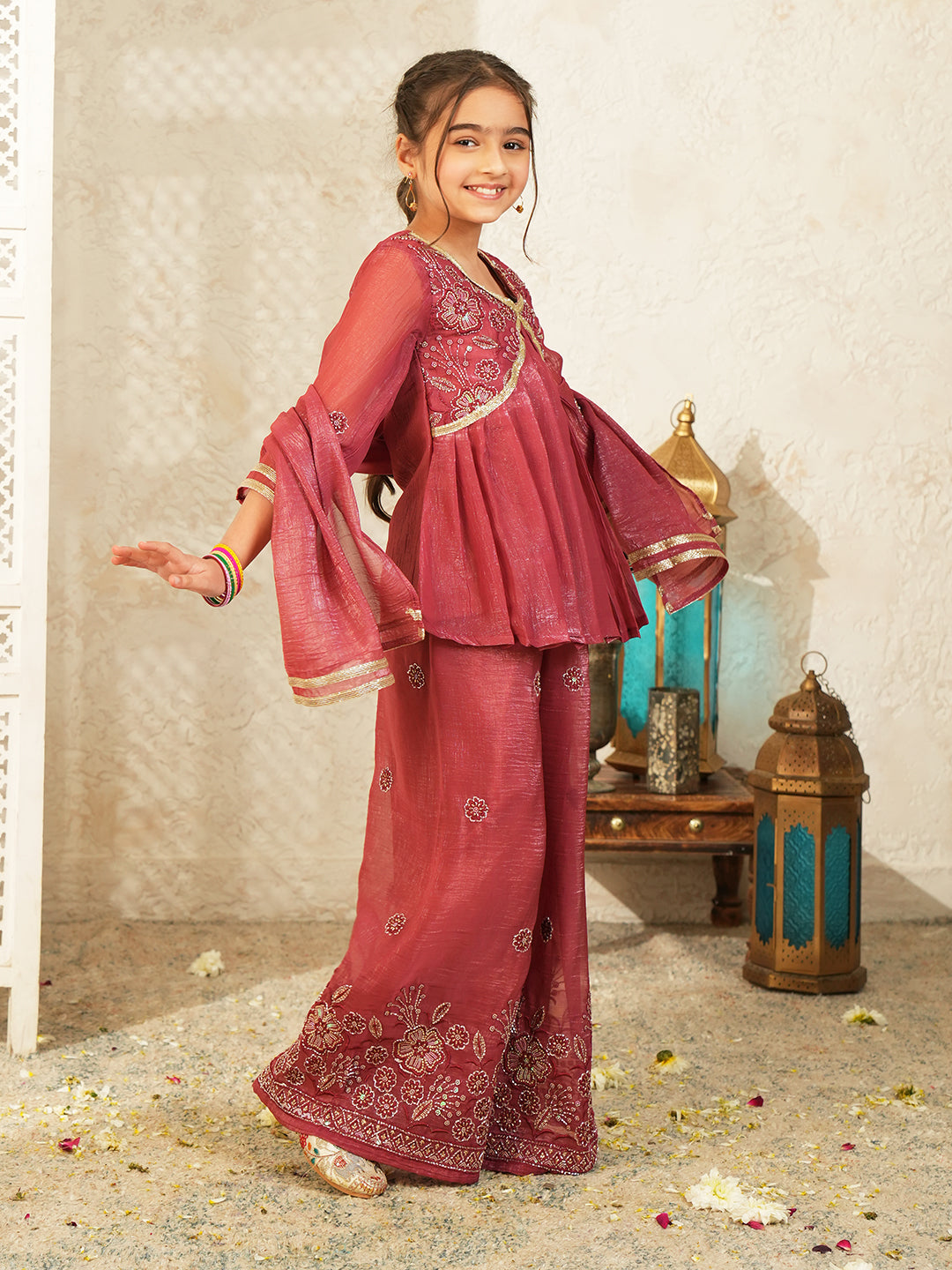 Maroon Heavy Embroidered Tissue Kurti Palazzo and Dupatta For Girls