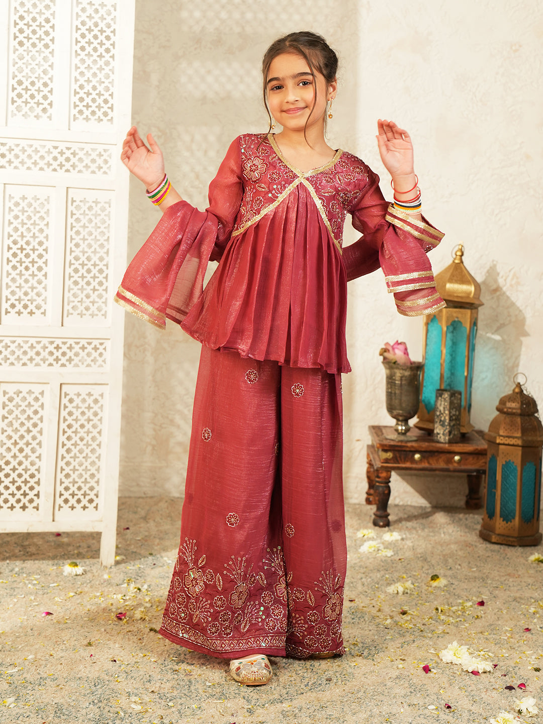 Maroon Heavy Embroidered Tissue Kurti Palazzo and Dupatta For Girls