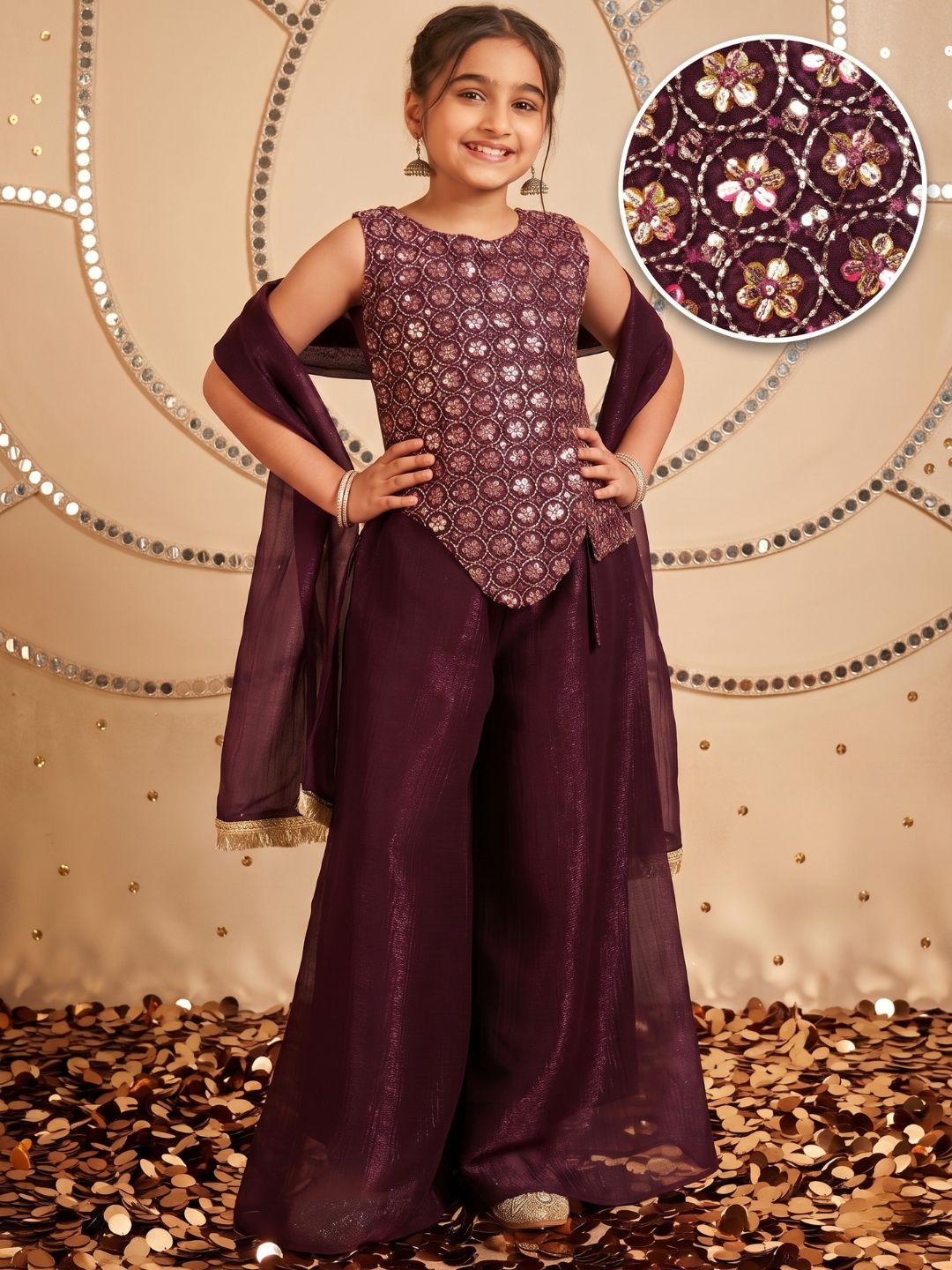 Wine Heavy Embroidered with Attached Purse Tissue Kurti Palazzo and Dupatta For Girls