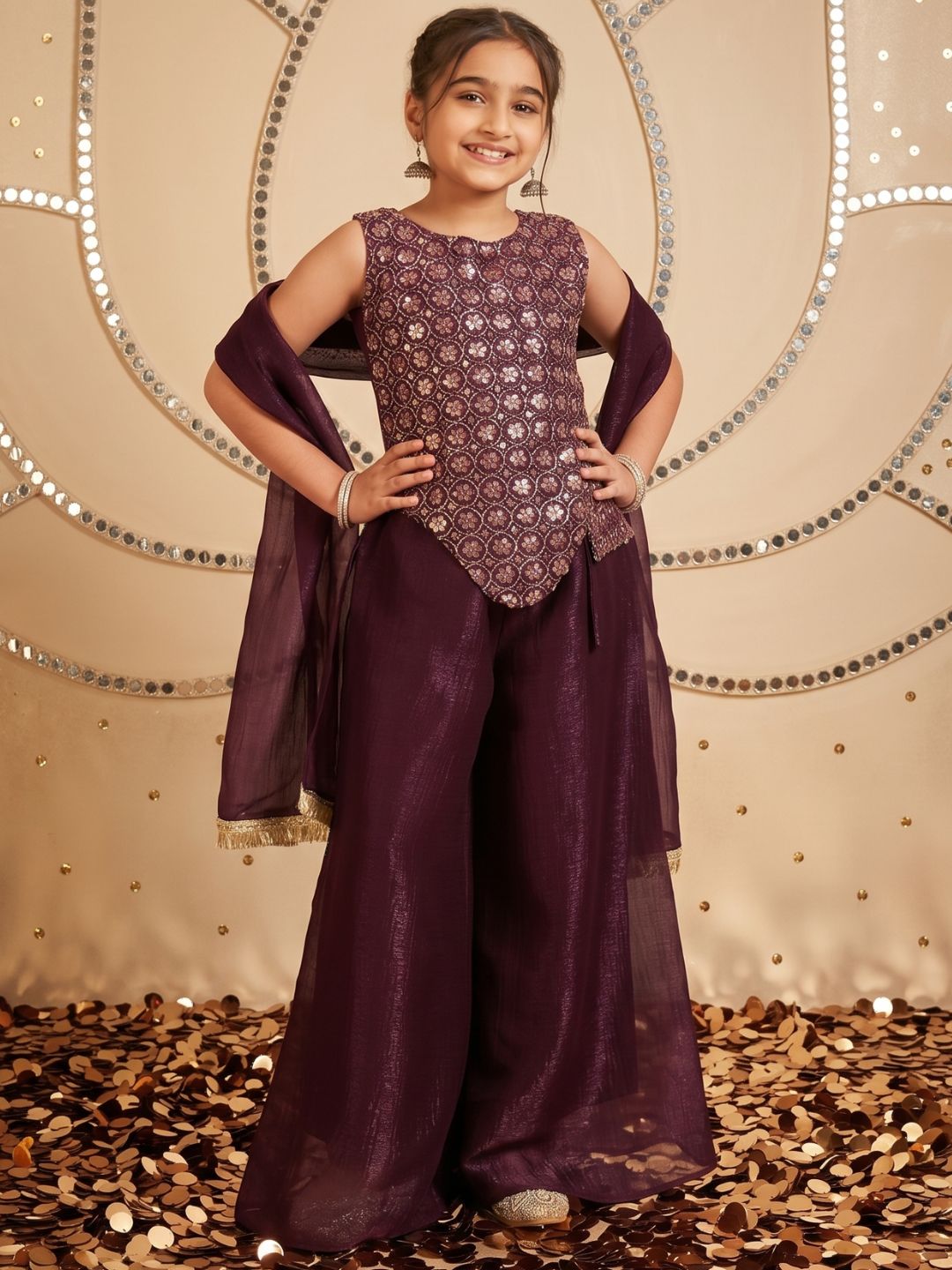 Wine Heavy Embroidered with Attached Purse Tissue Kurti Palazzo and Dupatta For Girls