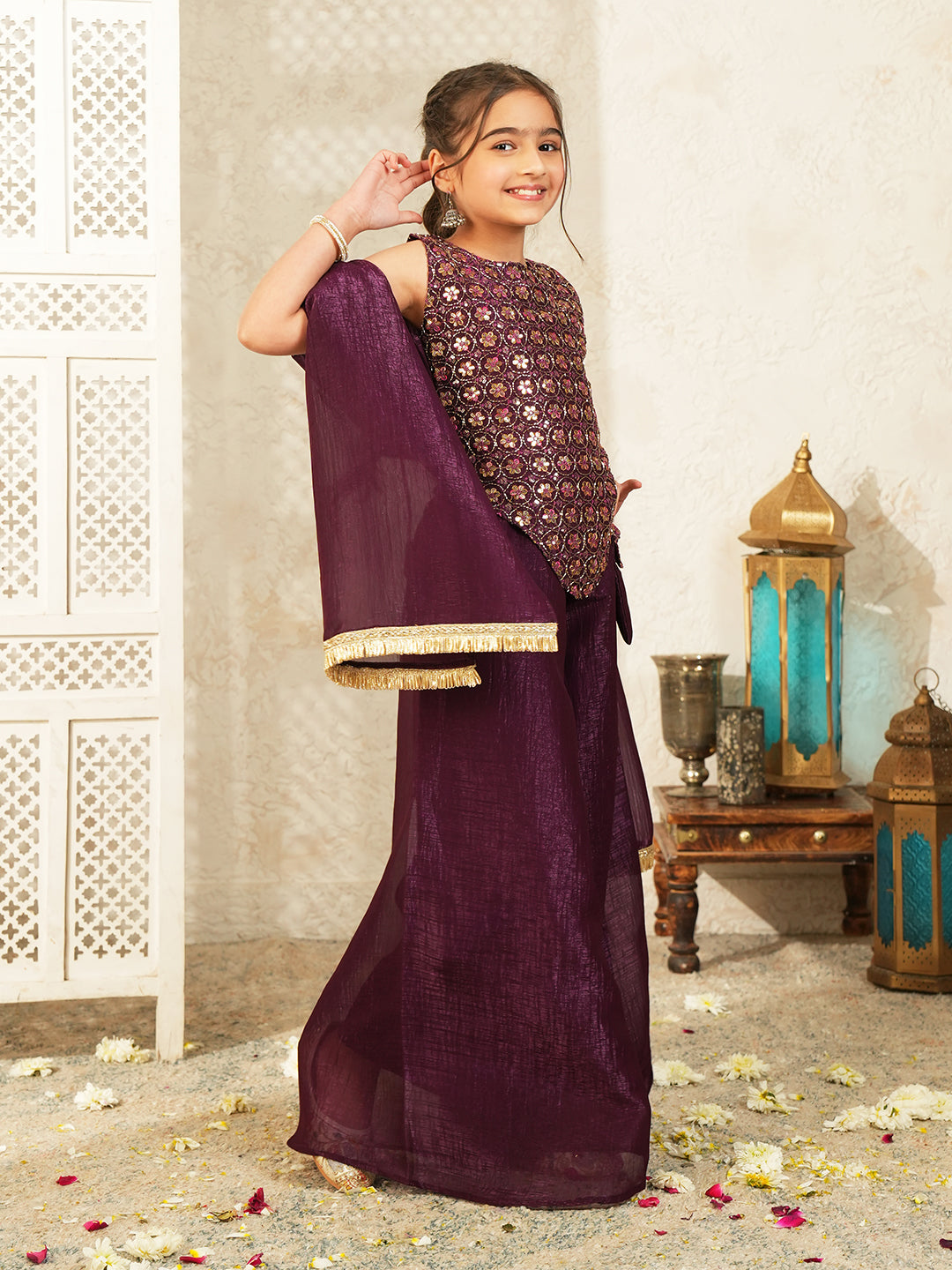 Wine Heavy Embroidered with Attached Purse Tissue Kurti Palazzo and Dupatta For Girls