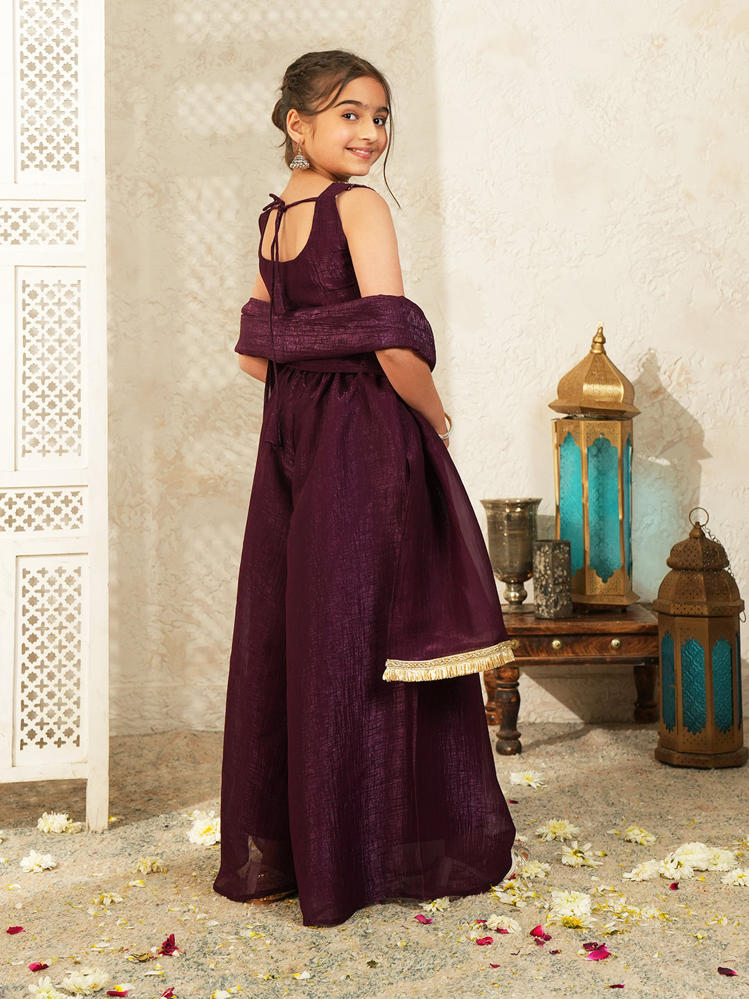 Wine Heavy Embroidered with Attached Purse Tissue Kurti Palazzo and Dupatta For Girls