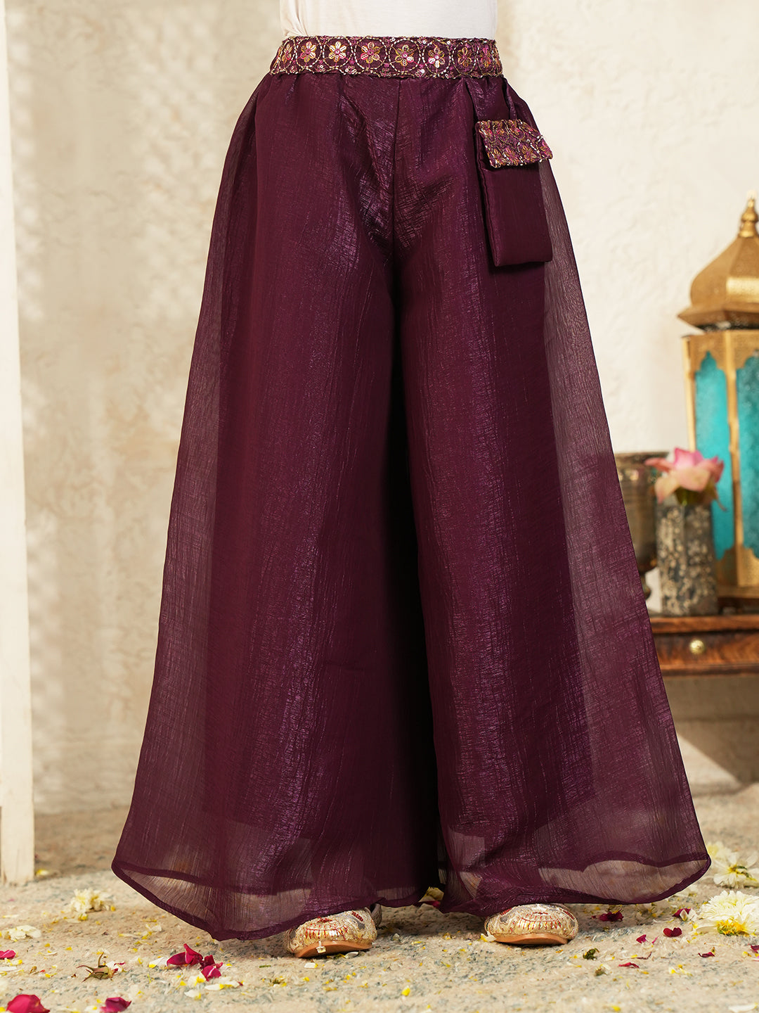 Wine Heavy Embroidered with Attached Purse Tissue Kurti Palazzo and Dupatta For Girls