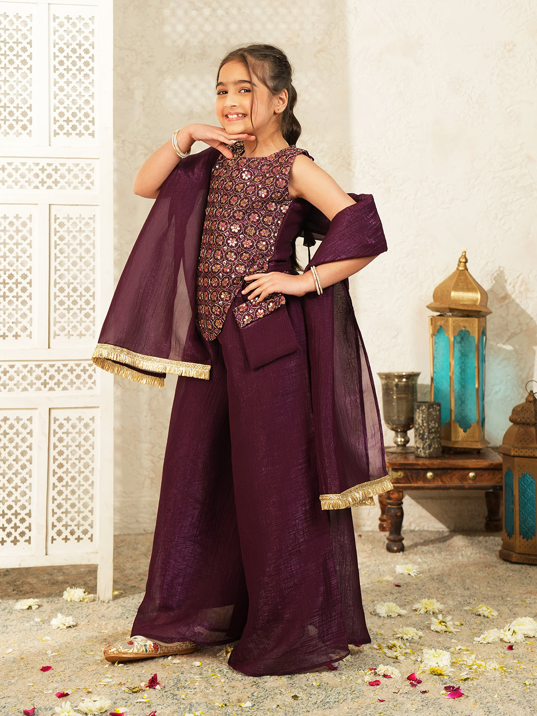 Wine Heavy Embroidered with Attached Purse Tissue Kurti Palazzo and Dupatta For Girls