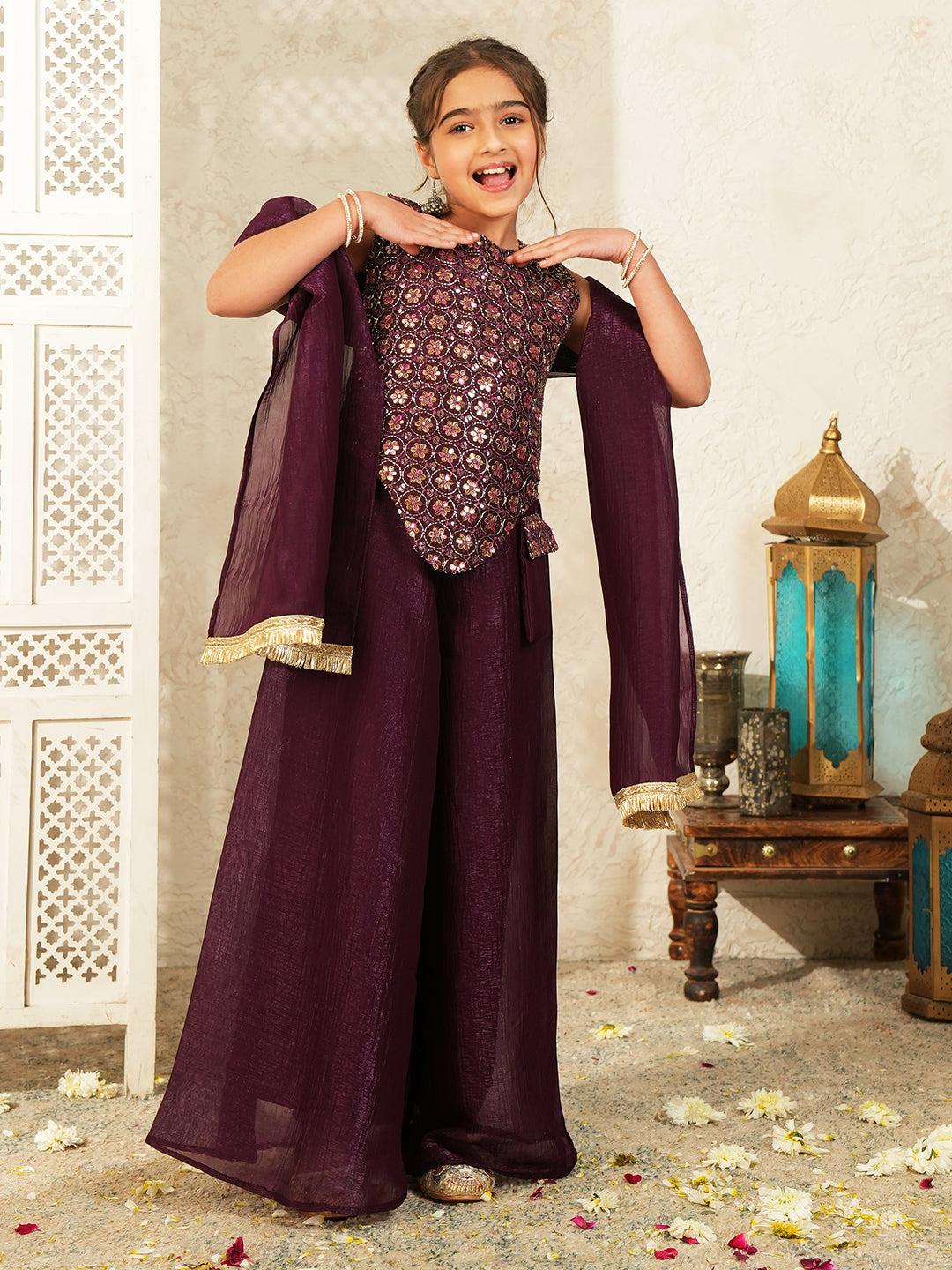 Wine Heavy Embroidered with Attached Purse Tissue Kurti Palazzo and Dupatta For Girls