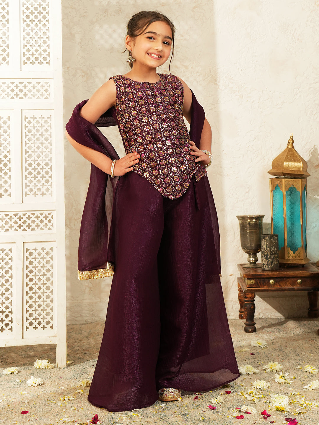 Wine Heavy Embroidered with Attached Purse Tissue Kurti Palazzo and Dupatta For Girls
