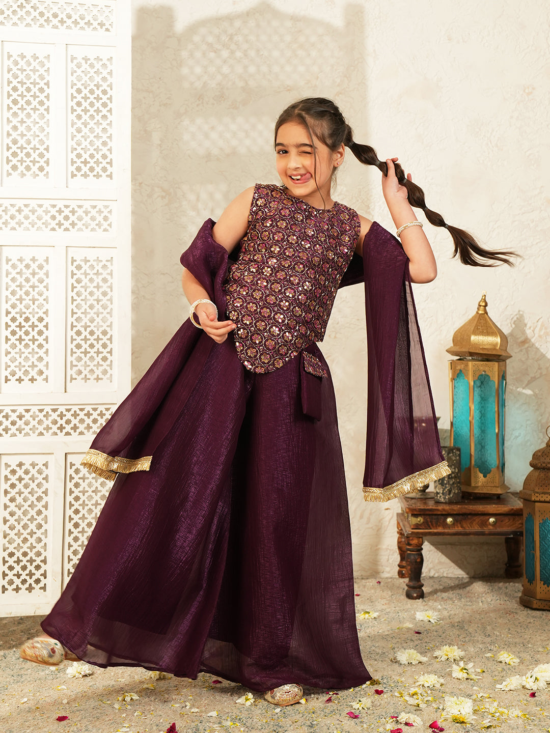 Wine Heavy Embroidered with Attached Purse Tissue Kurti Palazzo and Dupatta For Girls
