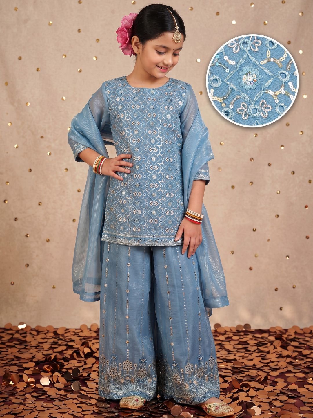 Firozi Heavy Embroidered Tissue Kurti Palazzo and Dupatta For Girls