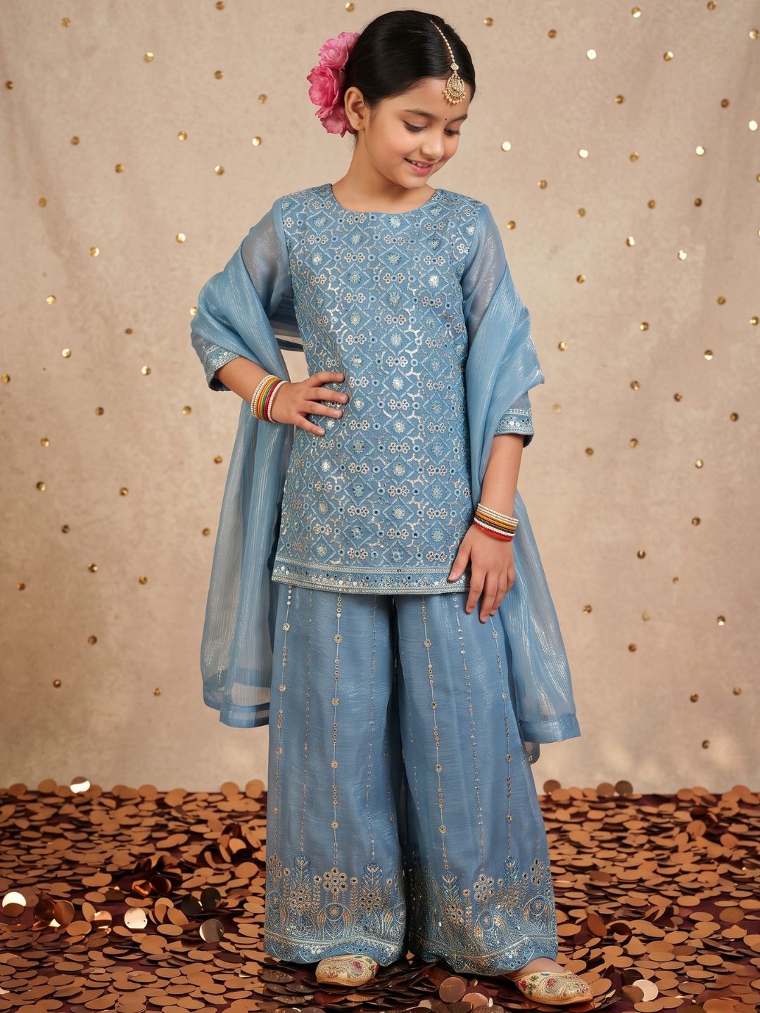 Firozi Heavy Embroidered Tissue Kurti Palazzo and Dupatta For Girls