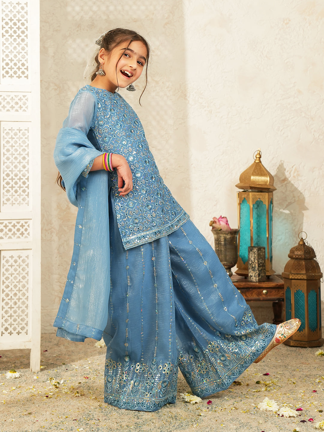 Firozi Heavy Embroidered Tissue Kurti Palazzo and Dupatta For Girls