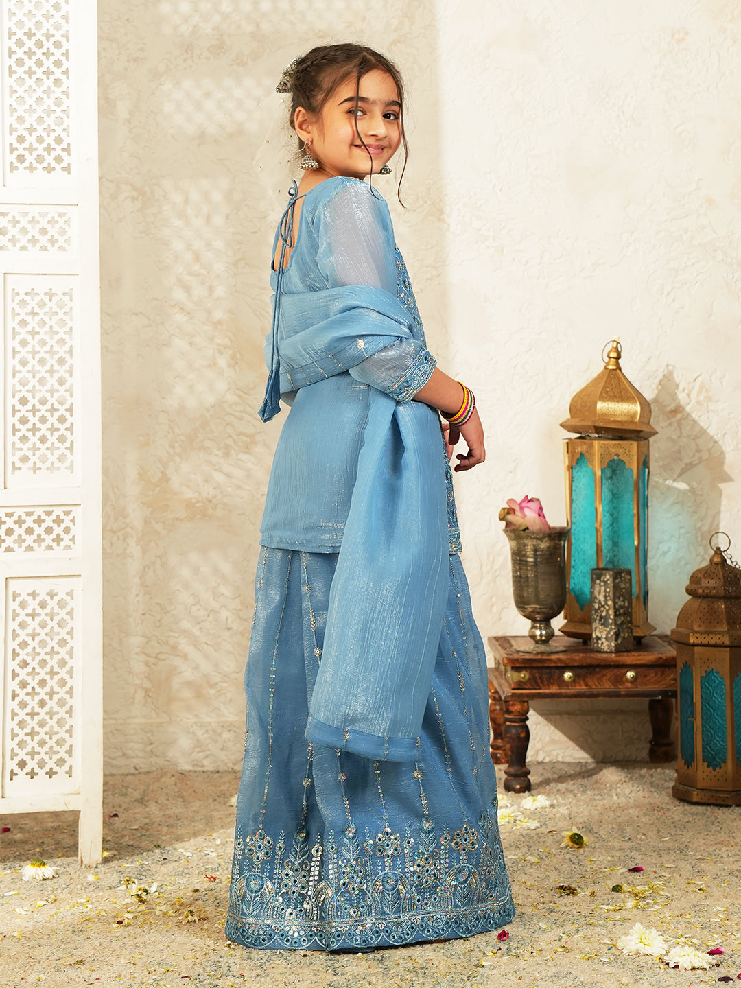 Firozi Heavy Embroidered Tissue Kurti Palazzo and Dupatta For Girls