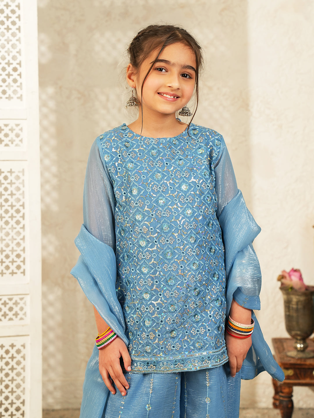 Firozi Heavy Embroidered Tissue Kurti Palazzo and Dupatta For Girls