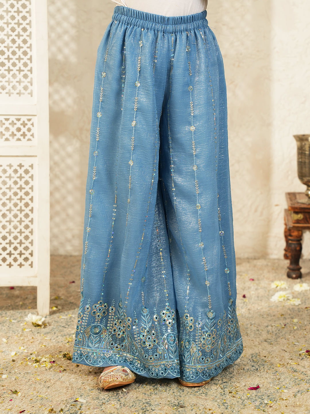 Firozi Heavy Embroidered Tissue Kurti Palazzo and Dupatta For Girls