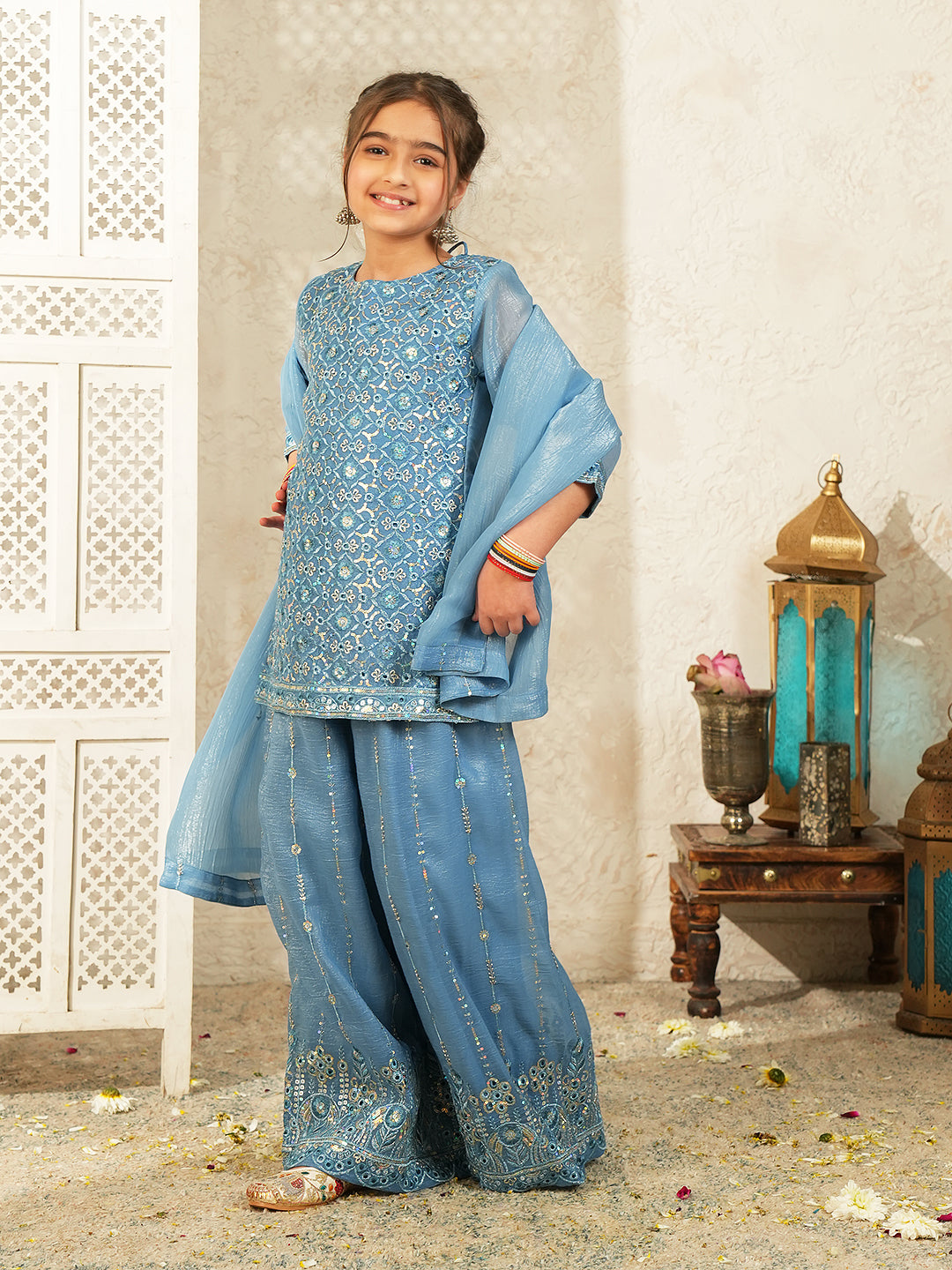 Firozi Heavy Embroidered Tissue Kurti Palazzo and Dupatta For Girls