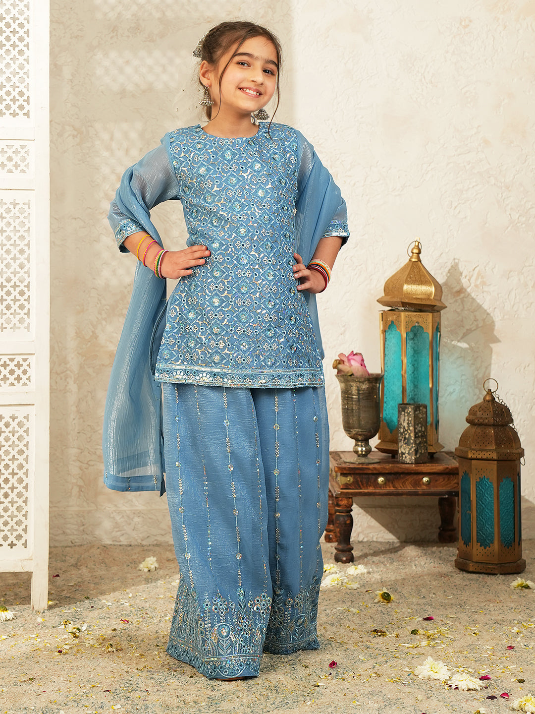 Firozi Heavy Embroidered Tissue Kurti Palazzo and Dupatta For Girls