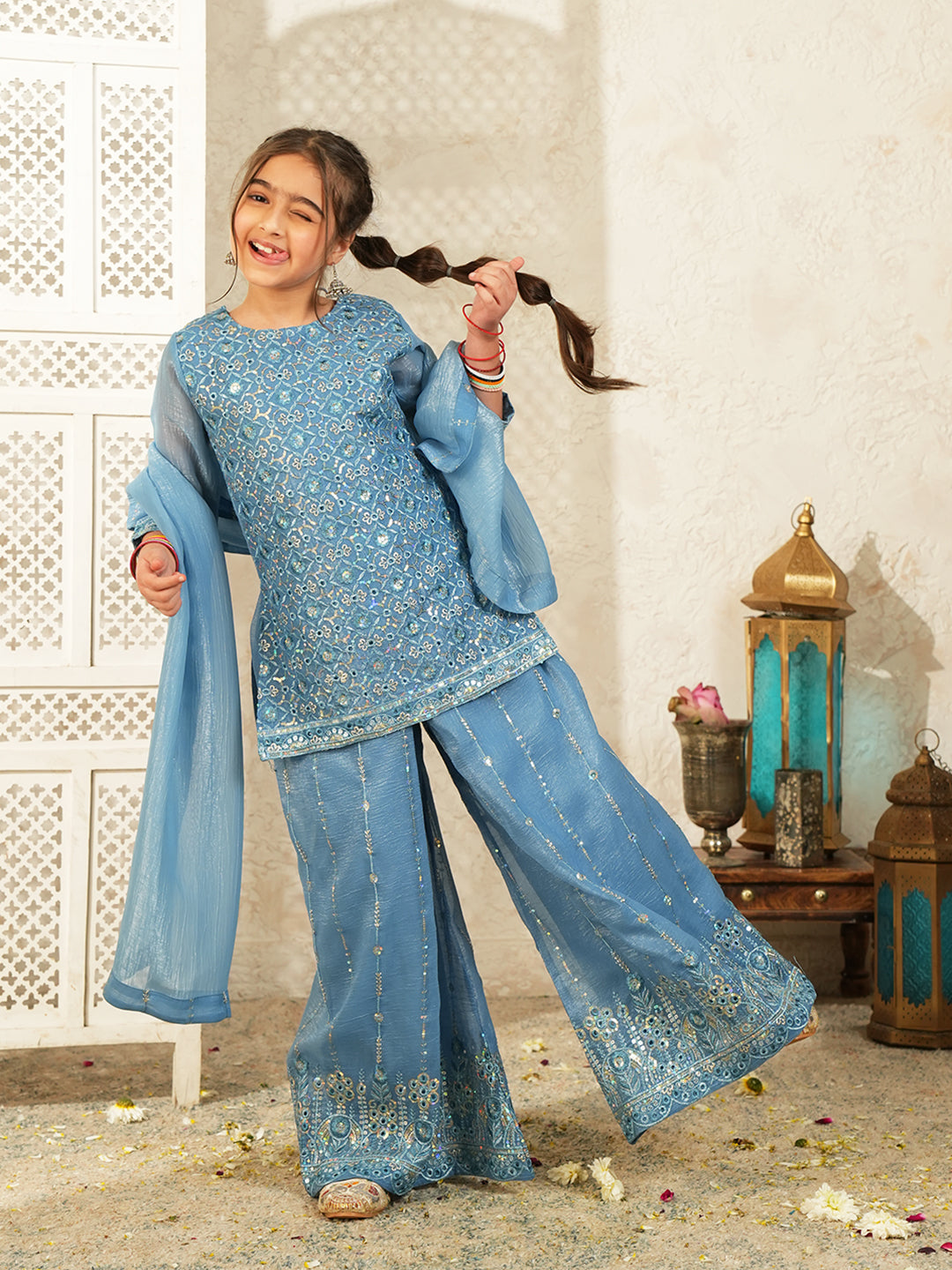 Firozi Heavy Embroidered Tissue Kurti Palazzo and Dupatta For Girls