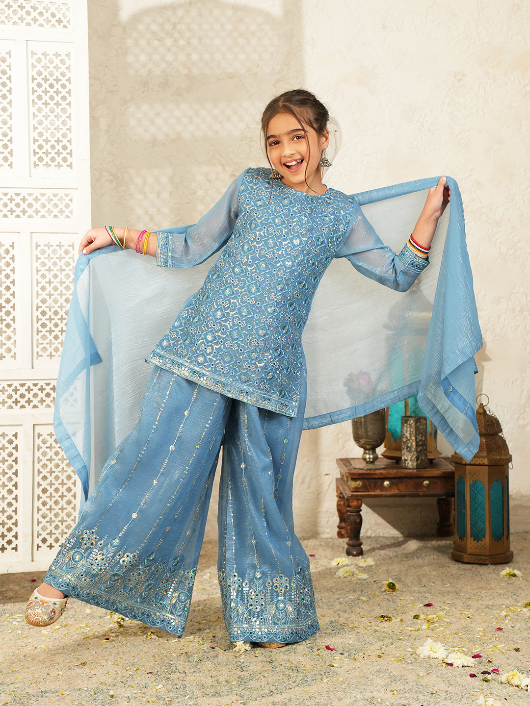 Firozi Heavy Embroidered Tissue Kurti Palazzo and Dupatta For Girls