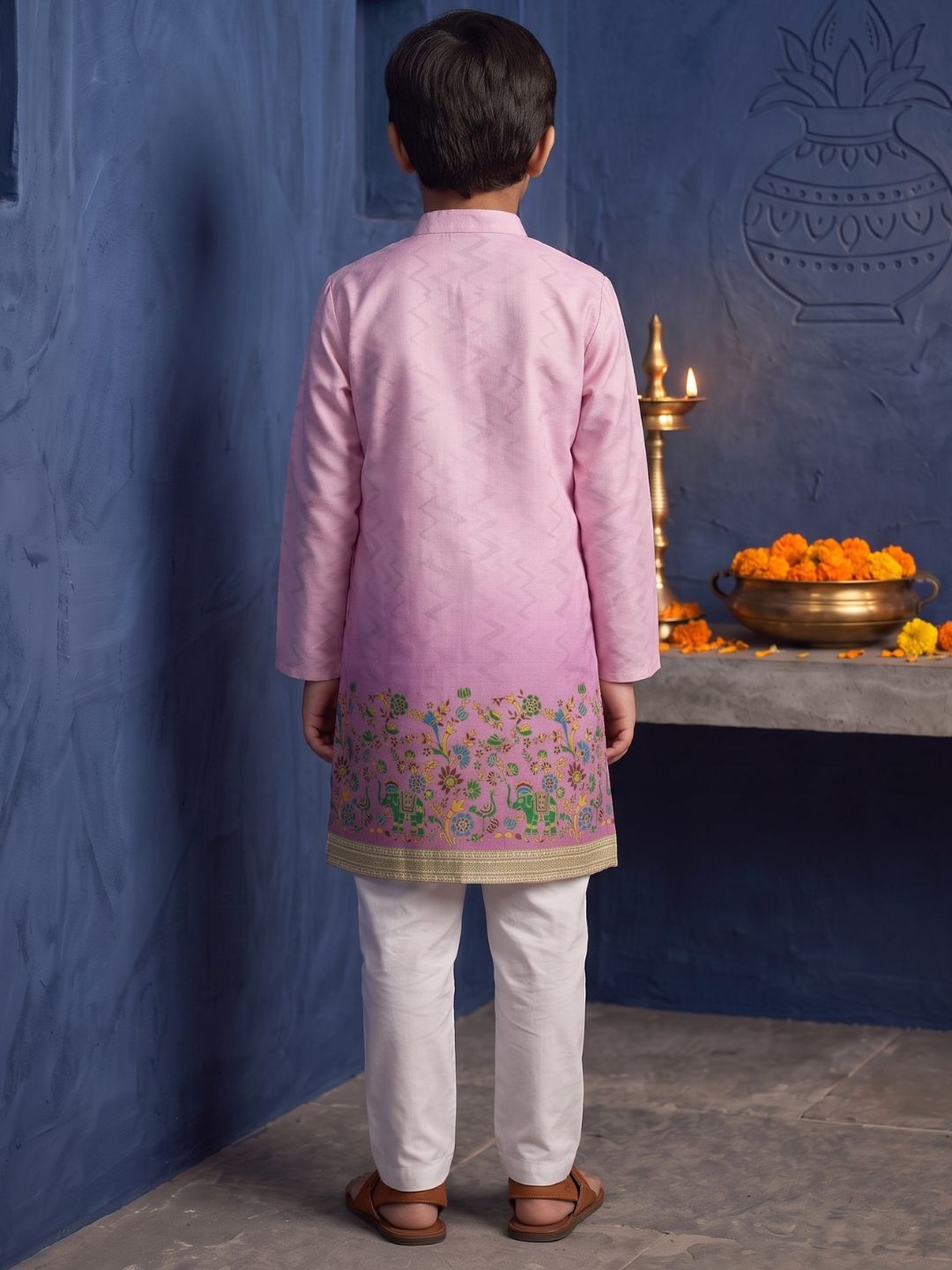 AJ Dezines Pink Elephant Printed Cotton Blend Kurta Pyjama Set For Boys