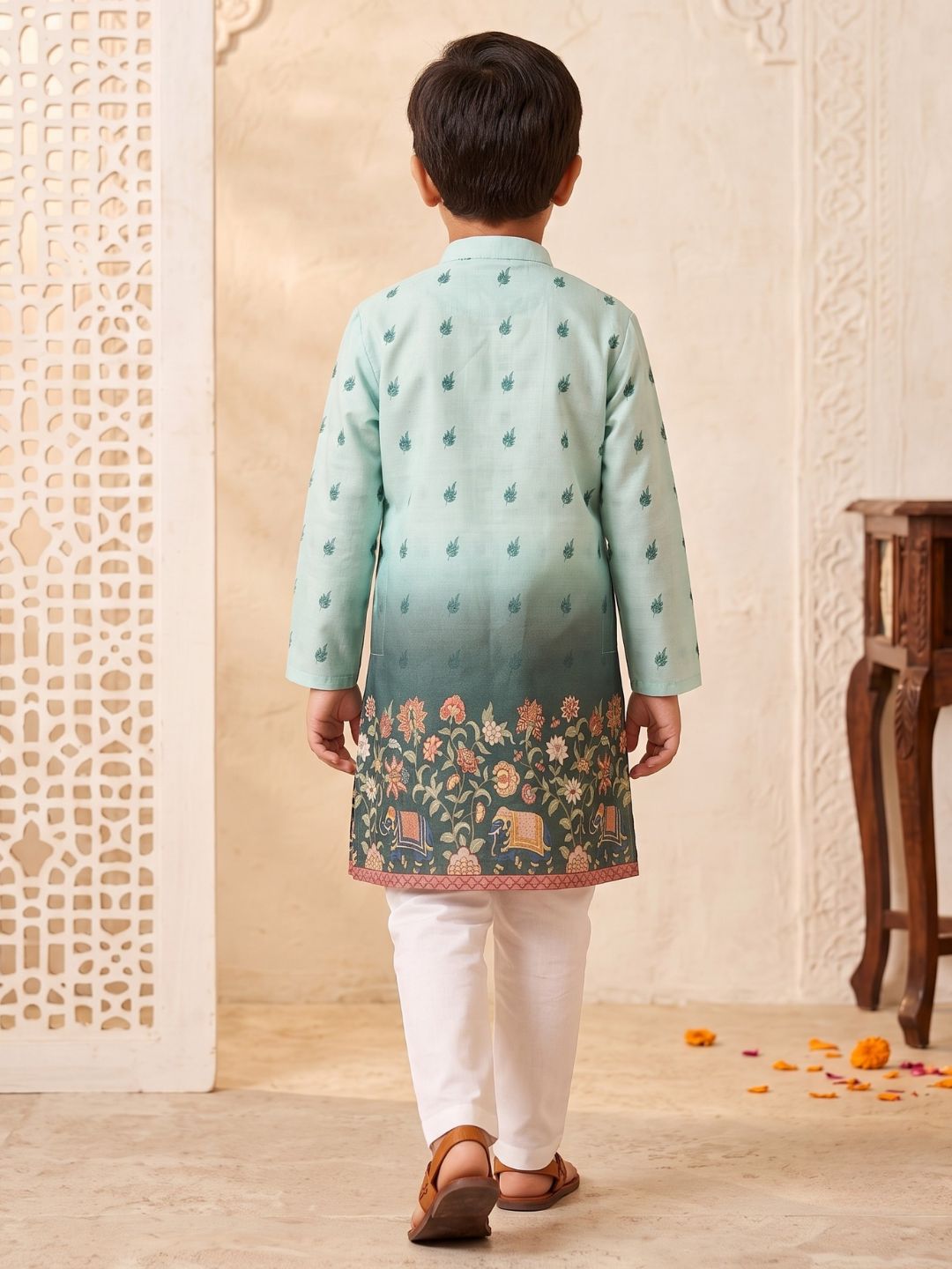 AJ Dezines Green Floral Elephant Printed Cotton Blend Kurta Pyjama Set For Boys
