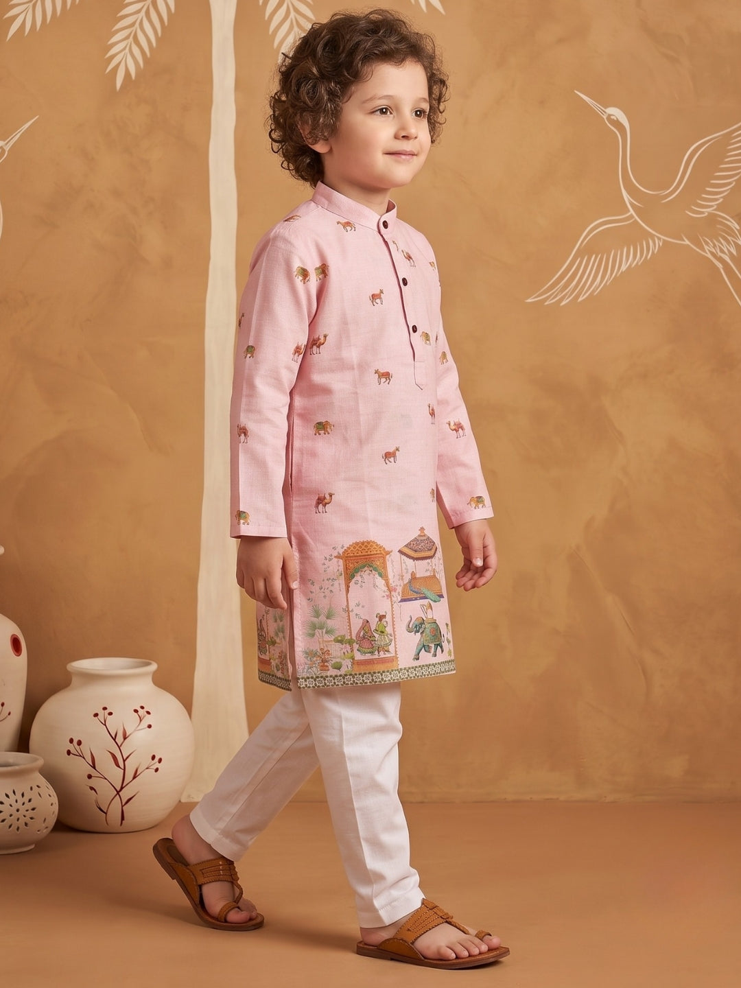 AJ Dezines Pink Elephant & Traditional Ethnic Print Cotton Blend Kurta Pyjama Set For Boys
