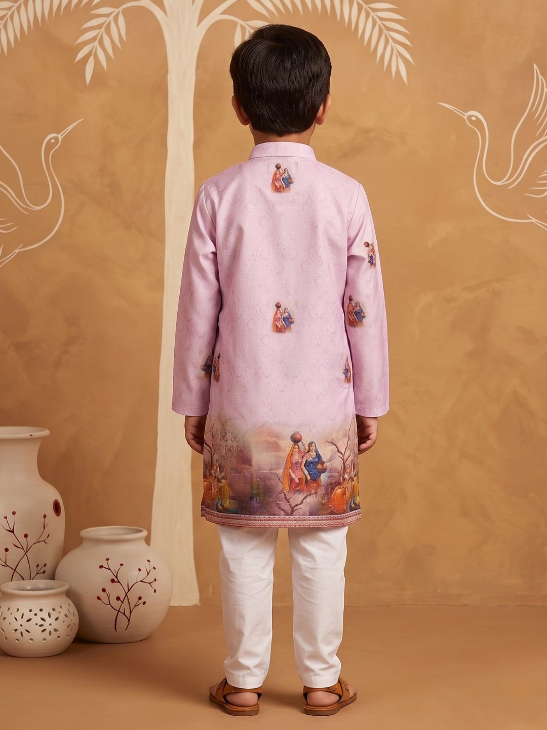 AJ Dezines Pink Mythological Print Cotton Blend Kurta Pyjama Set For Boys