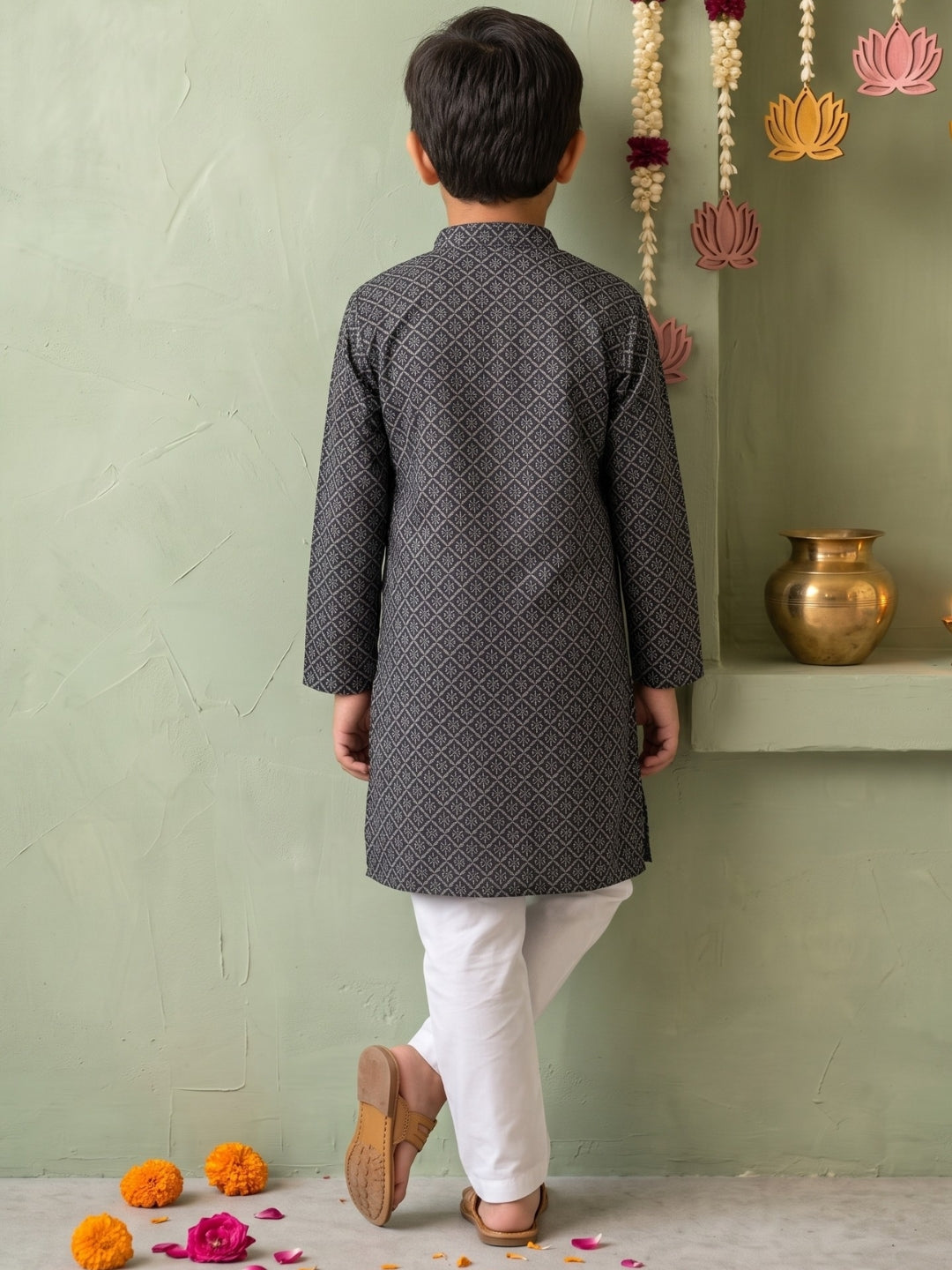 AJ Dezines Black Floral Geometric Print Cotton Blend Kurta Pyjama Set For Boys