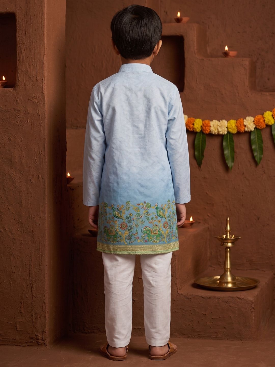 AJ Dezines Blue Elephant Printed Cotton Blend Kurta Pyjama Set For Boys