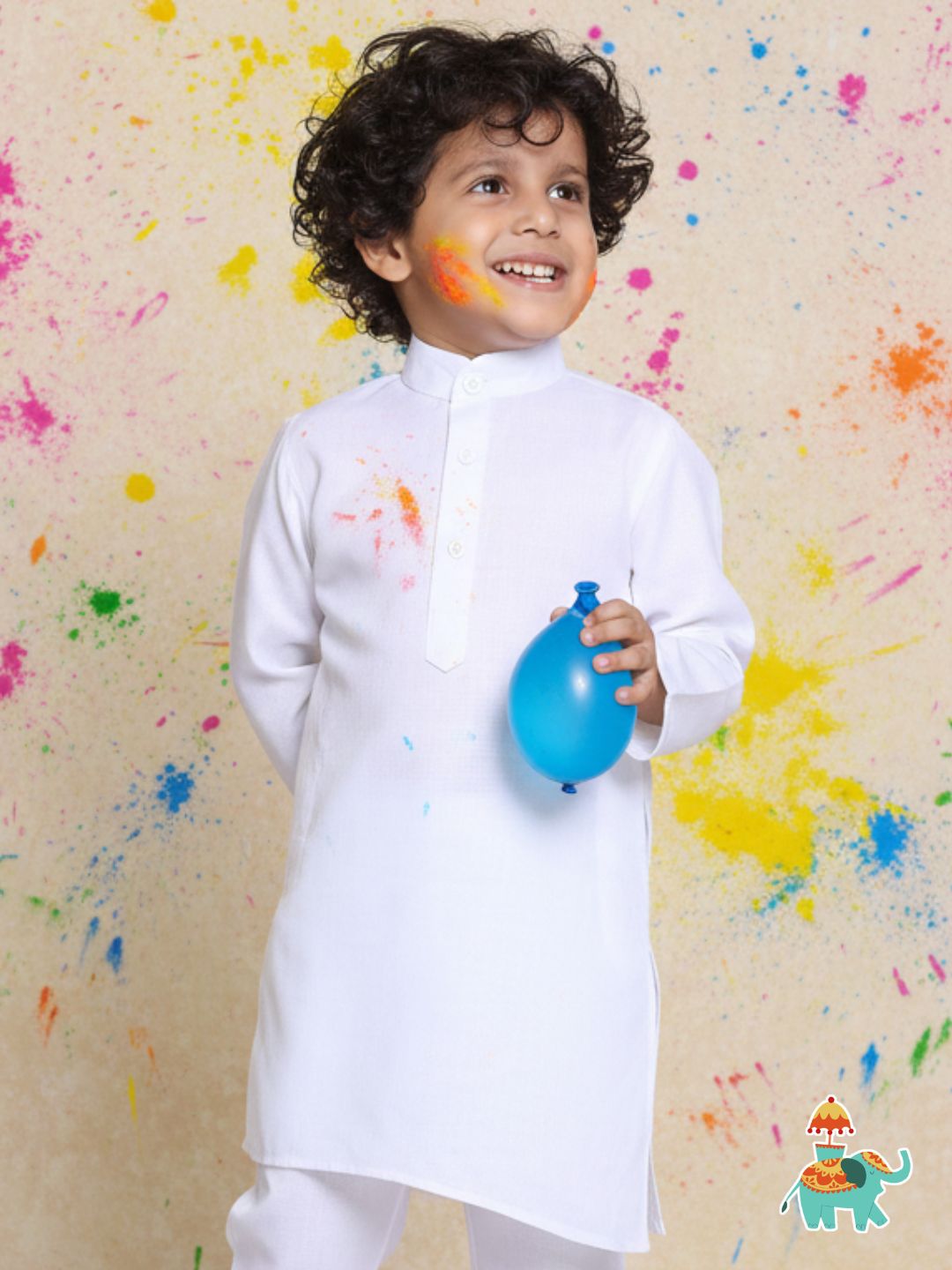 Kids Holi Boys White Solid Cotton Kurta